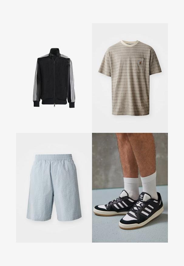 Juodas permatomas džemperis su užtrauktuku priekyje, turintis vientisas juodas rankoves ir tris baltas juostas ant rankų. Raukšlėtos rankogaliai ir apatinė dalis.; Šviesiai ruda ir ruda dryžuota trumpomis rankovėmis marškinėliai, pasižymintys apvaliu iškirpimu ir krūtinės kišenėle su logotipu. Tekstūruotas audinys.; Šviesiai mėlyni šortai su tekstūruotu audiniu, elastingu juosmeniu ir šoninėmis kišenėmis. Dizainas pasižymi laisvu siluetu ir iki kelių besitęsiančiu kirpimu.; Juodos ir baltos sportinės bateliai su zomšiniu ir odiniu viršumi, su trimis baltomis juostelėmis, perforuota koja ir guminėmis padais.