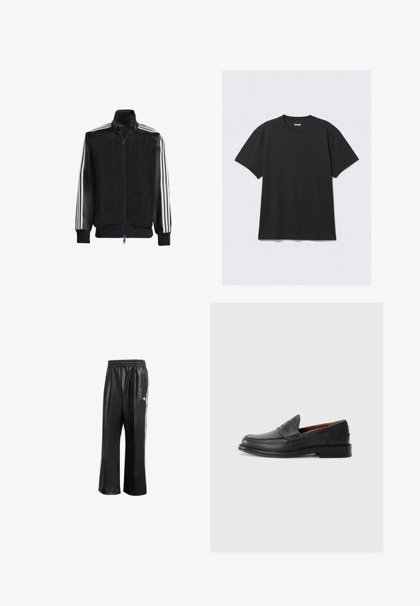 Black mesh jacket with a zip front, featuring solid black sleeves and three white stripes along the arms. Ribbed cuffs and hem.; Black short-sleeve t-shirt made of cotton. Features a crew neckline and a relaxed fit. Simple design with no patterns or accents visible.; Black synthetic track pants with an elastic waistband, featuring white side stripes and a small white logo on the left hip.; Black leather loafers with a stitched design, rounded toe, low stacked heel, and slip-on style. Smooth texture with slight shine.