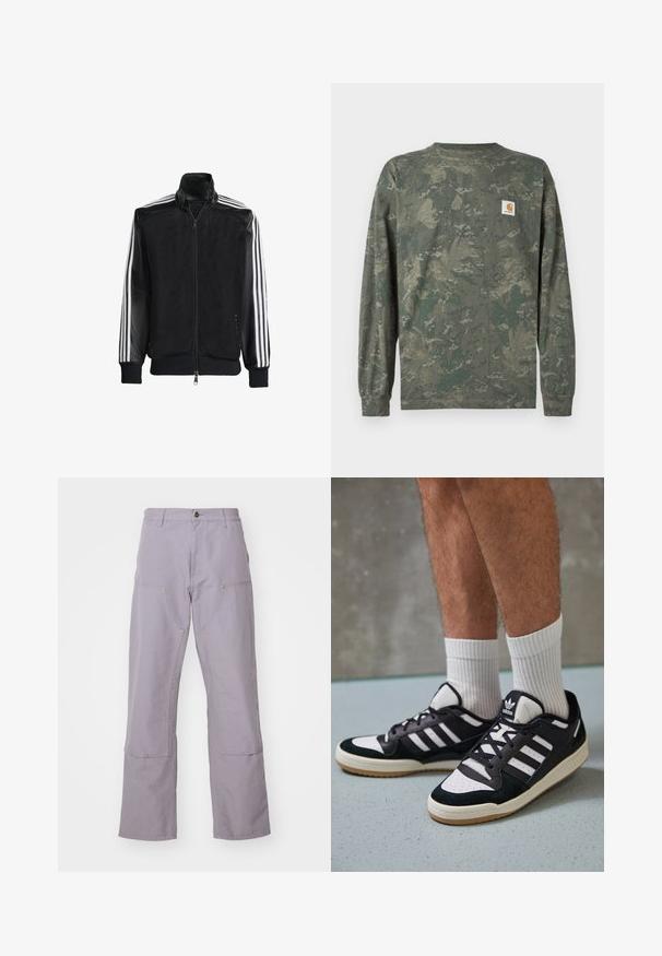 Schwarze Mesh-Jacke mit Reißverschluss vorne, die aus einem einfarbigen schwarzen Ärmeln und drei weißen Streifen an den Armen besteht. Gerippte Bündchen und Saum.; Langärmeliges Tarnhemd in Grün- und Brauntönen mit einem kleinen quadratischen Carhartt-Logo-Patch auf der linken Brust.; Helllila Hosen mit geradem Bein, ausgestattet mit zwei Fronttaschen und dekorativen Nähten. Hergestellt aus langlebigem Baumwollgewebe.; Schwarz-weiße Sneaker mit einem Obermaterial aus Wildleder und Leder, ausgestattet mit drei weißen Streifen, einer perforierten Zehenpartie und einer Sohle aus Gummi.