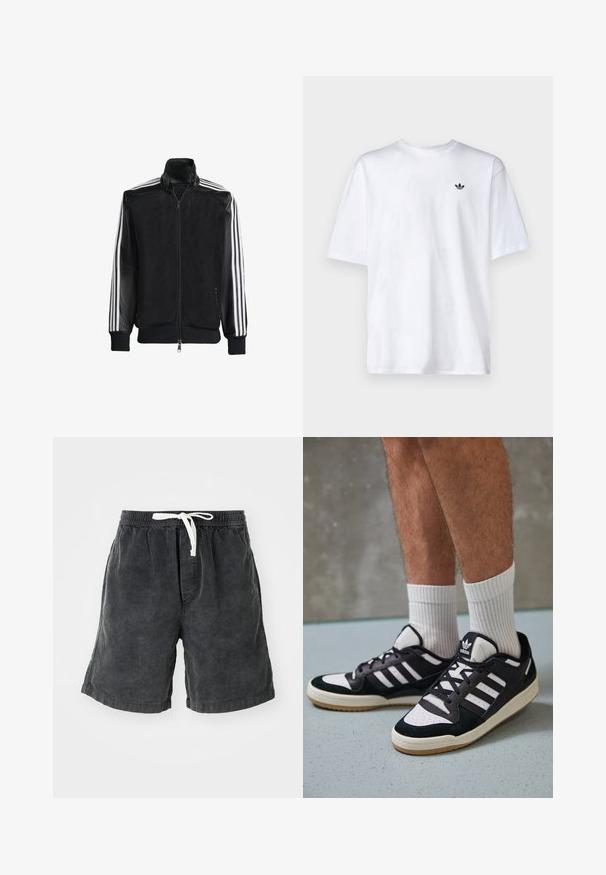 Veste en maille noire avec fermeture éclair à l'avant, présentant des manches noires unies et trois rayures blanches le long des bras. Poignets et ourlet côtelés.; T-shirt en coton blanc avec un col rond et des manches courtes, comportant un petit logo Adidas noir sur la poitrine.; Shorts en velours côtelé de couleur gris foncé avec des rayures verticales. Dotés d'une taille élastique avec un cordon blanc. Design décontracté adapté aux temps chauds.; Baskets noir et blanc avec une tige en suède et cuir, comportant trois rayures blanches, un bout perforé et une semelle en caoutchouc gum.
