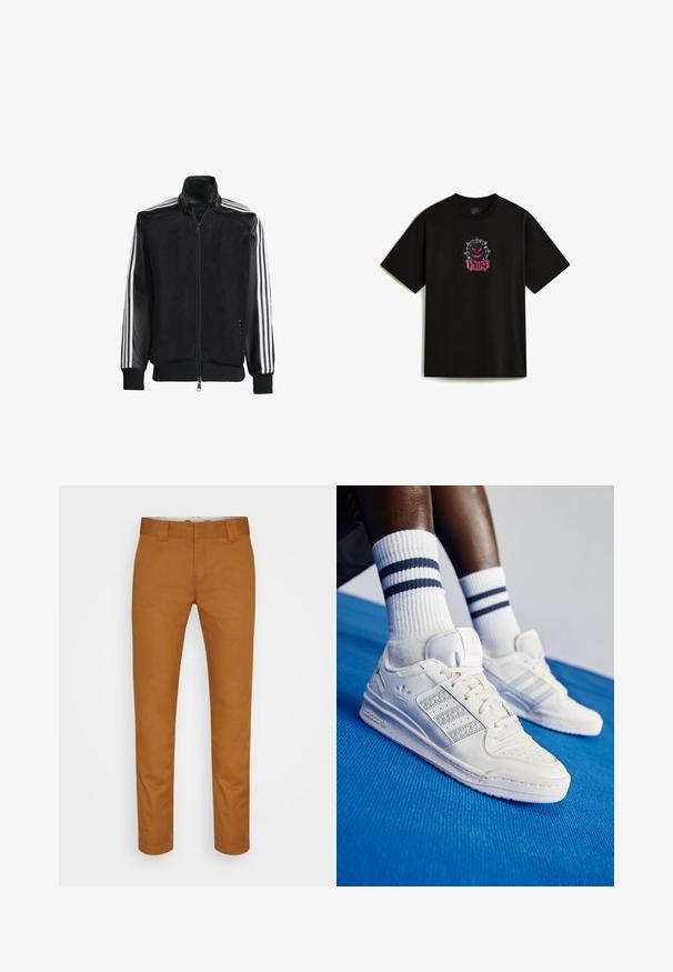 Sort meshjakke med lynlås foran, med ensfarvede sorte ærmer og tre hvide striber langs armene. Ribbet manchetter og kant.; Sort bomulds-tee med et frontgrafikdesign af en pigget tegneseriefigur og ordet "VANS" i lyserød skrift. Korte ærmer.; Brune bomuldsbukser med lige snit, frontlommer og en ren, glat tekstur. Har bæltesløjfer og diskrete syninger.; Hvide læder sneakers med perforerede detaljer, tre metalliske striber og en struktureret sidepanel. Båret med hvide sokker med blå striber.