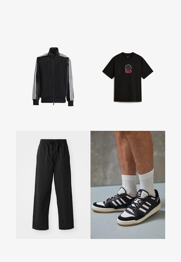 Sort meshjakke med lynlås foran, med ensfarvede sorte ærmer og tre hvide striber langs armene. Ribbet manchetter og kant.; Sort bomulds-tee med et frontgrafikdesign af en pigget tegneseriefigur og ordet "VANS" i lyserød skrift. Korte ærmer.; Sorte bredbenede bukser lavet af blødt stof med elastisk talje og justerbar snor, der har en glat overflade og ingen synlige mønstre.; Sorte og hvide sneakers med en overdel i ruskind og læder, der har tre hvide striber, en perforeret tå og en sål i gummigummi.