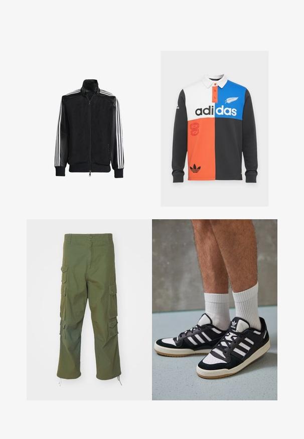 Melna režģa jakas ar rāvējslēdzēja priekšpusi, kam ir viendabīgas melnas piedurknes un trīs baltas svītras gar rokām. Ribota aproce un apakša.; Krāsaini blokota garām piedurknēm polo krekls melnā, baltā, oranžā un zilā krāsā, ar apkakli, pogu aizdari un izteiksmīgu Adidas zīmolu.; Olīvzaļi kravas bikses, izgatavotas no kokvilnas, ar sānu kabatām, pogu aizdari, taisnu piegriezumu un regulējamiem apakšmalām, lai pielāgotu garumu.; Melnas un baltas kedas ar zamša un ādas augšdaļu, kas aprīkotas ar trim baltām svītrām, perforētu purngali un gumijas zolēm.