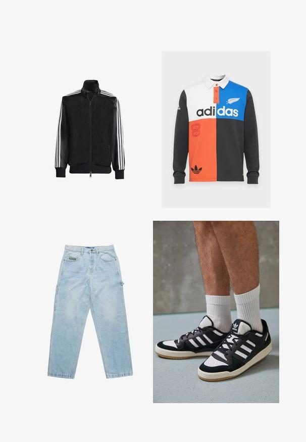Chaqueta de malla negra con cierre de cremallera en la parte delantera, que presenta mangas negras sólidas y tres rayas blancas a lo largo de los brazos. Puños y dobladillo acanalados.; Polo de manga larga con bloques de color en negro, blanco, naranja y azul, con cuello, tapa de botones y una destacada marca de Adidas.; Jeans de denim azul claro con un corte holgado, diseño de cinco bolsillos y costuras visibles. Presenta una etiqueta de la marca en el bolsillo frontal.; Zapatillas en blanco y negro con parte superior de ante y cuero, que presentan tres franjas blancas, una puntera perforada y una suela de goma.