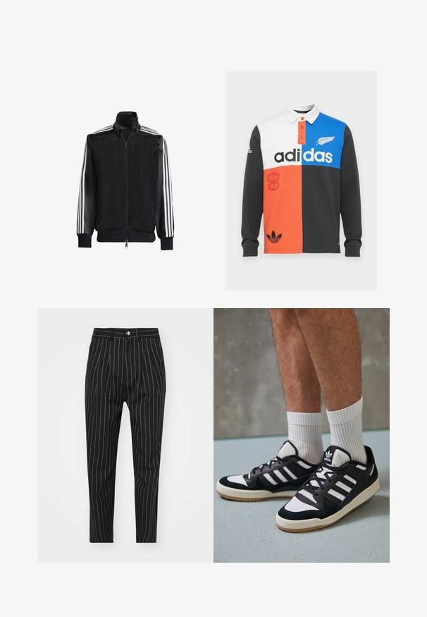 Melna režģa jakas ar rāvējslēdzēja priekšpusi, kam ir viendabīgas melnas piedurknes un trīs baltas svītras gar rokām. Ribota aproce un apakša.; Krāsaini blokota garām piedurknēm polo krekls melnā, baltā, oranžā un zilā krāsā, ar apkakli, pogu aizdari un izteiksmīgu Adidas zīmolu.; Melni svītraini bikses ar pielāgotu piegriezumu, ar priekšējo pogu aizdari, jostu cilpām un gludu auduma tekstūru.; Melnas un baltas kedas ar zamša un ādas augšdaļu, kas aprīkotas ar trim baltām svītrām, perforētu purngali un gumijas zolēm.