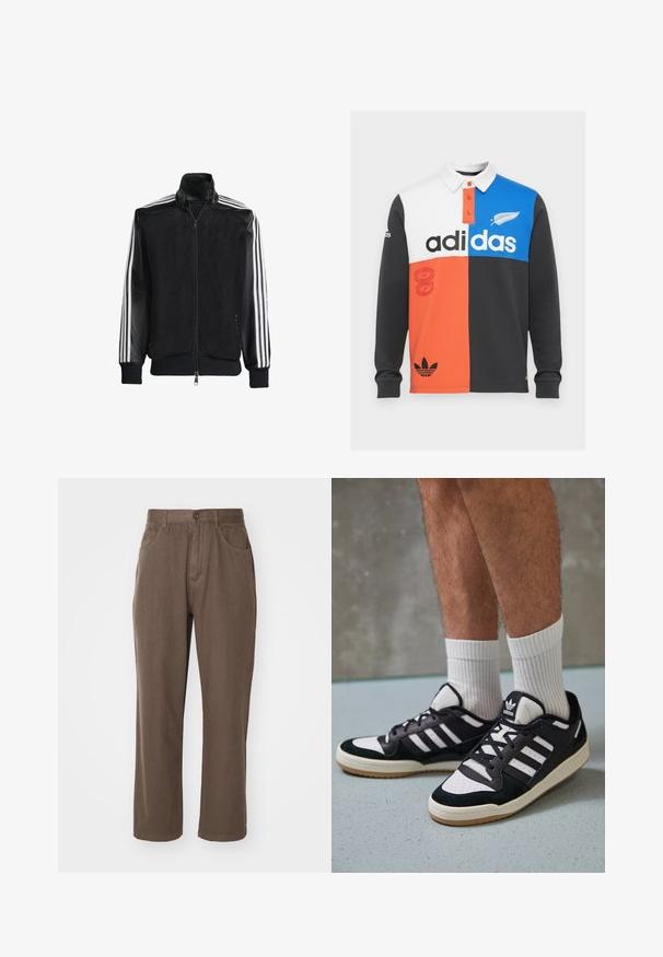 Čierna sieťovaná bunda so zipsom vpredu, s pevnými čiernymi rukávmi a tromi bielymi pruhmi po stranách rukávov. Žebrované manžety a spodný lem.; Polo tričko s dlhými rukávmi v farebnom blokovaní v čiernej, bielej, oranžovej a modrej farbe, s golierom, knoflíkovou légou a výrazným brandingom Adidas.; Hnedé bavlnené nohavice so strihom rovného nohu, ktoré majú dva predné vrecká, zips a gombíkový zapínanie.; Čierno-biele tenisky s vrchom z semišu a kože, s troma bielymi pruhmi, perforovanou špičkou a gumovou podrážkou.