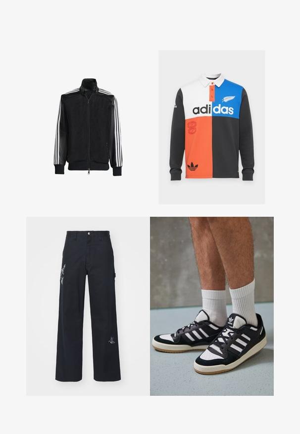 Veste en maille noire avec fermeture éclair à l'avant, présentant des manches noires unies et trois rayures blanches le long des bras. Poignets et ourlet côtelés.; Polo shirt à manches longues en blocs de couleur noir, blanc, orange et bleu, avec un col, une patte de boutonnage et un logo Adidas bien visible.; Carhartt WIP DUCKS SINGLE KNEE PANT - Pantalon classique - black; Baskets noir et blanc avec une tige en suède et cuir, comportant trois rayures blanches, un bout perforé et une semelle en caoutchouc gum.