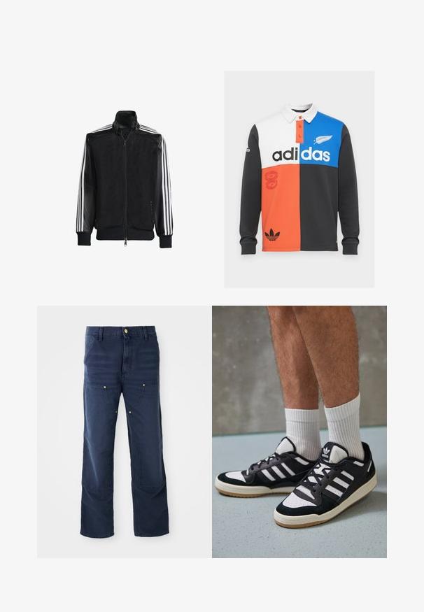 Črna mrežasta jakna z zadrgo spredaj, s trdnimi črnimi rokavi in tremi belimi črtami vzdolž rokavov. Rebrasti robovi in spodnji del.; Barvni blokirani dolgi rokav polo majica v črni, beli, oranžni in modri barvi, z ovratnikom, gumbnim zapiranjem in opaznim Adidasovim logotipom.; Temno modri vojaški hlače iz denima, z naravnim krojem, sprednjimi žepi in zlatimi gumbi.; Črno-bele superge z zgornjim delom iz usnja in nubuka, ki imajo tri bele črte, perforiran vrh prstov in podplat iz gume.