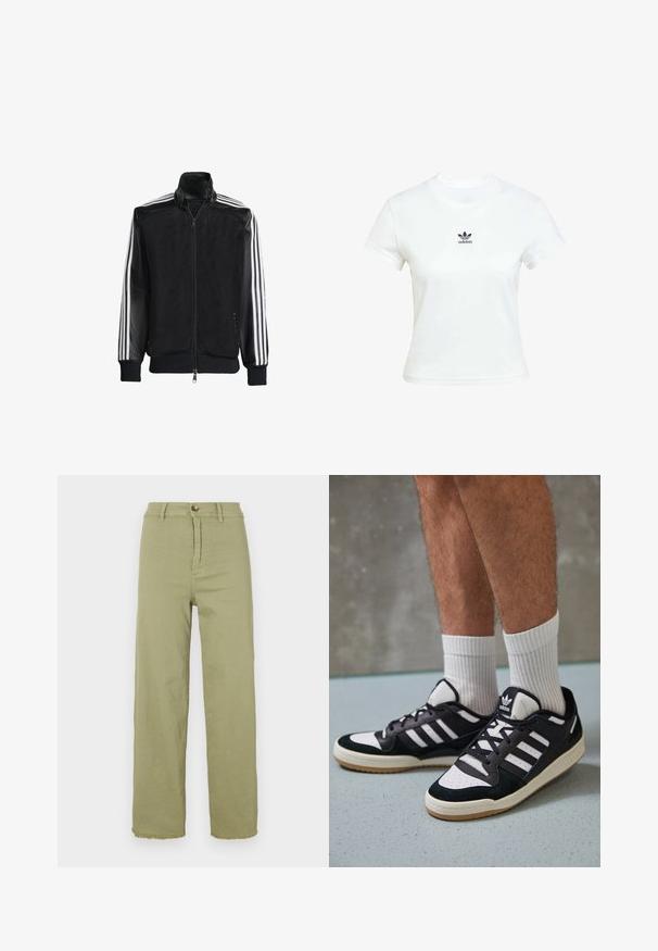 Zwarte maillotjas met een rits aan de voorkant, met stevige zwarte mouwen en drie witte strepen langs de armen. Geribbelde manchetten en zoom.; Witte katoenen T-shirt met korte mouwen en een ronde hals. Voorzien van een zwart Adidas-logo op de borst. Eenvoudig, minimalistisch ontwerp.; Lichtgroene high-waisted broek met een rechte pijp. Kenmerkt zich door een knoopsluiting en een rafelige zoom. Gemaakt van katoenstof met een soepele textuur.; Zwart-witte sneakers met een bovenwerk van suede en leer, voorzien van drie witte strepen, een geperforeerde neus en een rubberen gumzool.