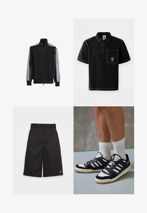 Melna režģa jakas ar rāvējslēdzēja priekšpusi, kam ir viendabīgas melnas piedurknes un trīs baltas svītras gar rokām. Ribota aproce un apakša.; Melnas īsām piedurknēm polo krekls ar priekšējo rāvējslēdzēju, baltām vertikālām svītrām, krūšu kabatu ar mazu logotipu un teksturētu audumu.; Melnas kokvilnas bikses ar taisnu piegriezumu, līdz ceļiem, ar redzamu zīmola logotipu uz apakšas un gludu tekstūru.; Melnas un baltas kedas ar zamša un ādas augšdaļu, kas aprīkotas ar trim baltām svītrām, perforētu purngali un gumijas zolēm.