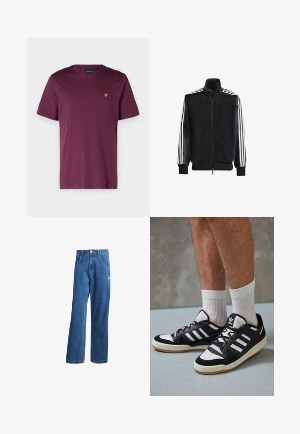 Chaqueta de malla negra con cierre de cremallera en la parte delantera, que presenta mangas negras sólidas y tres rayas blancas a lo largo de los brazos. Puños y dobladillo acanalados.; Camiseta de algodón color marrón con cuello redondo, mangas cortas y un pequeño logo de águila amarilla en el lado izquierdo del pecho. Textura suave, corte regular.; Vaqueros de mezclilla anchos de talle alto en azul, con bolsillos frontales, presillas para cinturón, cierre de botón y pequeño logo de Adidas en el muslo derecho.; Zapatillas en blanco y negro con parte superior de ante y cuero, que presentan tres franjas blancas, una puntera perforada y una suela de goma.