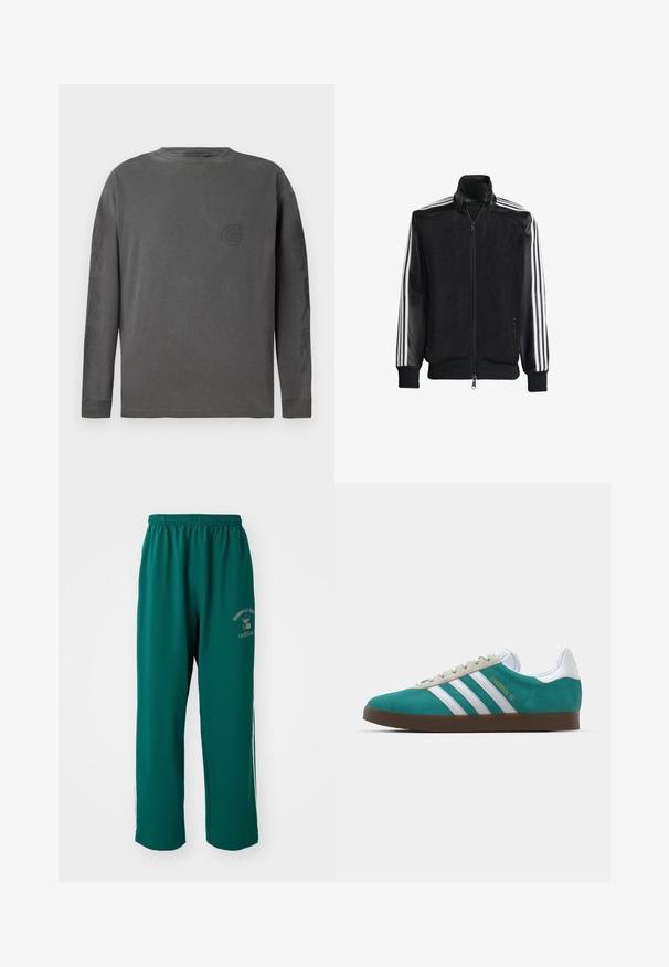 Giacca nera in rete con zip frontale, dotata di maniche nere solide e tre strisce bianche lungo le braccia. Polsini e orlo a coste.; Maglietta grigia a maniche lunghe in cotone misto, collo a giro, con un logo sottile e disegni astratti sulle maniche; texture morbida.; Pantaloni sportivi verdi in tessuto liscio, con vita elastica, stampa del logo su un lato e strisce laterali bianche. Vestibilità regolare.; adidas Originals ADIDAS GAZELLE SHOES - Scarpe da calcio indoor - liverpool fc/sea green/footwear white