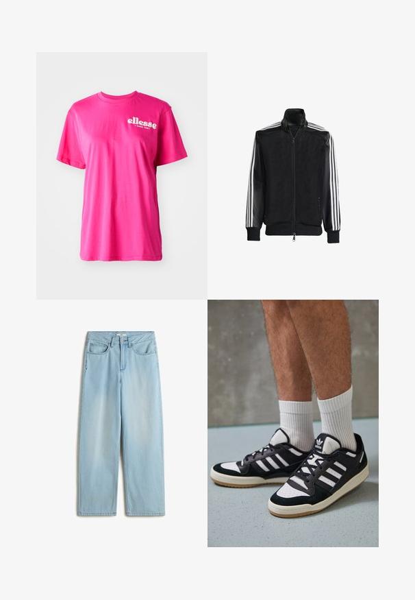 Musta verkkomantteli, jossa on vetoketjulla suljettava etuosa, mustat hihat ja kolme valkoista raitaa käsivarsilla. Ribbaatut hihansuut ja helma.; Vaaleanpunainen lyhythihainen t-paita, jossa on pyöreä kaula-aukko, rento istuvuus ja valkoinen "ellesse"-logo edessä. Valmistettu pehmeästä puuvillamateriaalista.; Vaaleansiniset korkeavyötäröiset leveälahkeiset farkut, joissa on viisi taskua, vetoketjukiinnitys ja hienovarainen haalistus lahkeissa.; Valkoiset ja mustat tennarit, joissa on mokkanahka- ja nahkapäällinen, kolme valkoista raitaa, rei'itetty kärki ja kumipohja.