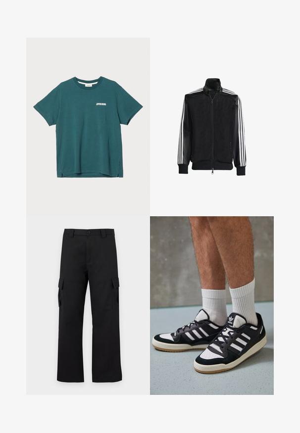 Melna režģa jakas ar rāvējslēdzēja priekšpusi, kam ir viendabīgas melnas piedurknes un trīs baltas svītras gar rokām. Ribota aproce un apakša.; Pompeii PRE SEASON TEE - Apdrukāts T-krekls - emerald; Melni kargo bikses ar taisnu kāju dizainu. Izgatavotas no izturīga auduma, ar divām sānu kabatām ar atloki un pogu aizdari.; Melnas un baltas kedas ar zamša un ādas augšdaļu, kas aprīkotas ar trim baltām svītrām, perforētu purngali un gumijas zolēm.