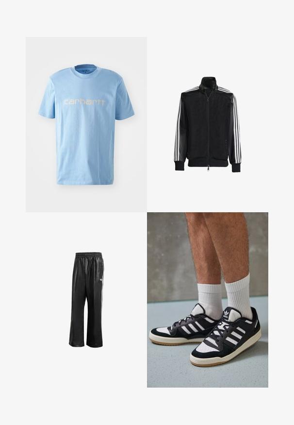 Musta verkkomantteli, jossa on vetoketjulla suljettava etuosa, mustat hihat ja kolme valkoista raitaa käsivarsilla. Ribbaatut hihansuut ja helma.; Vaaleansininen puuvillapaita, jossa on pyöreä kaula-aukko ja lyhyet hihat. Rinnassa on valkoisella "carhartt"-logo.; Mustat synteettiset juoksuhousut, joissa on joustava vyötärö, valkoiset sivusuunnassa olevat raidat ja pieni valkoinen logo vasemmassa lantiossa.; Valkoiset ja mustat tennarit, joissa on mokkanahka- ja nahkapäällinen, kolme valkoista raitaa, rei'itetty kärki ja kumipohja.