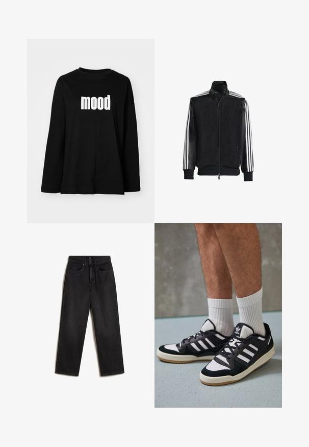 Schwarze Mesh-Jacke mit Reißverschluss vorne, die aus einem einfarbigen schwarzen Ärmeln und drei weißen Streifen an den Armen besteht. Gerippte Bündchen und Saum.; Schwarz langärmliges T-Shirt aus Baumwolle mit rundem Ausschnitt und einem großen weißen "Mood"-Grafik auf der Vorderseite. Lockerer Schnitt.; Vans SIRELLE POCKET PUDDLE - Jeans Relaxed Fit - black; Schwarz-weiße Sneaker mit einem Obermaterial aus Wildleder und Leder, ausgestattet mit drei weißen Streifen, einer perforierten Zehenpartie und einer Sohle aus Gummi.