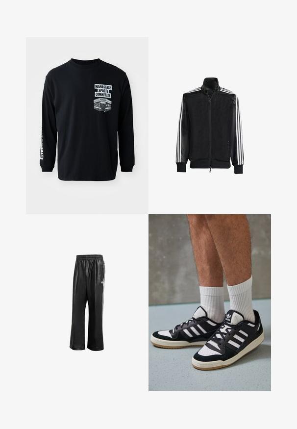 Melna režģa jakas ar rāvējslēdzēja priekšpusi, kam ir viendabīgas melnas piedurknes un trīs baltas svītras gar rokām. Ribota aproce un apakša.; Melna garā piedurkņu T-kreklu ar apaļu kakla izgriezumu. Iespējas ietver baltas drukātas grafikas: "Manastash Sports Committee" un dizains kreisajā krūtī.; Melnas sintētiskas sporta bikses ar elastīgu jostasvietu, ar baltām sānu svītrām un mazu baltu logo kreisajā gurnā.; Melnas un baltas kedas ar zamša un ādas augšdaļu, kas aprīkotas ar trim baltām svītrām, perforētu purngali un gumijas zolēm.