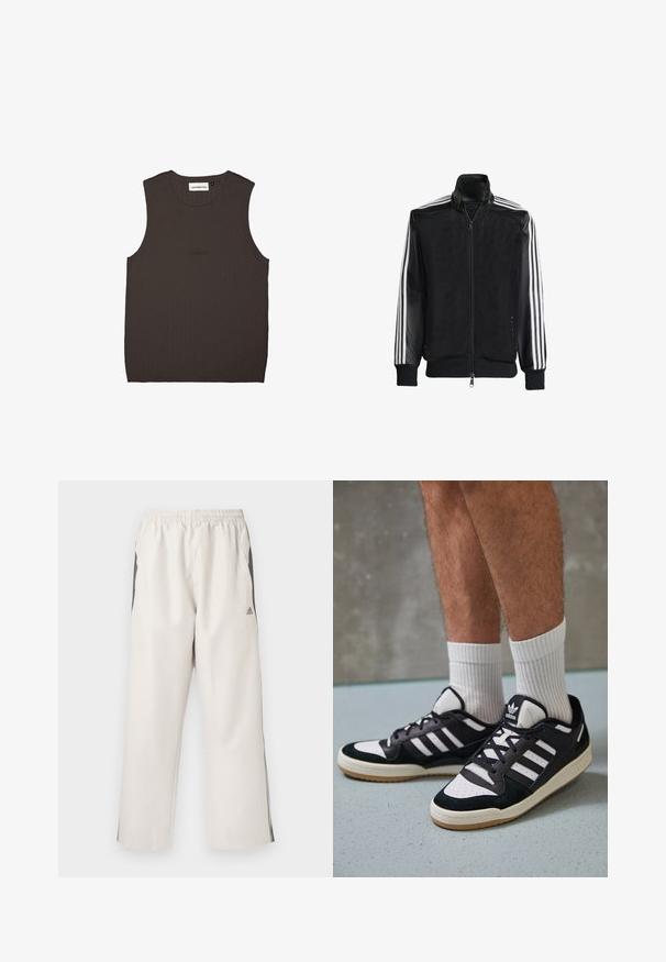 Juodas permatomas džemperis su užtrauktuku priekyje, turintis vientisas juodas rankoves ir tris baltas juostas ant rankų. Raukšlėtos rankogaliai ir apatinė dalis.; Tamsiai ruda be rankovių palaidinė iš raukšlėtos medžiagos, su apvaliu iškirpimu ir subtiliu prekės ženklo siuvinėjimu, derančiu atspalviu, priekyje.; Šviesiai smėlinės spalvos treniruočių kelnės su elastingu juosmeniu, šoninėmis kišenėmis, juodomis šoninėmis juostelėmis ir Adidas logotipu ant kairiojo šlaunies. Lygus audinio paviršius.; Juodos ir baltos sportinės bateliai su zomšiniu ir odiniu viršumi, su trimis baltomis juostelėmis, perforuota koja ir guminėmis padais.