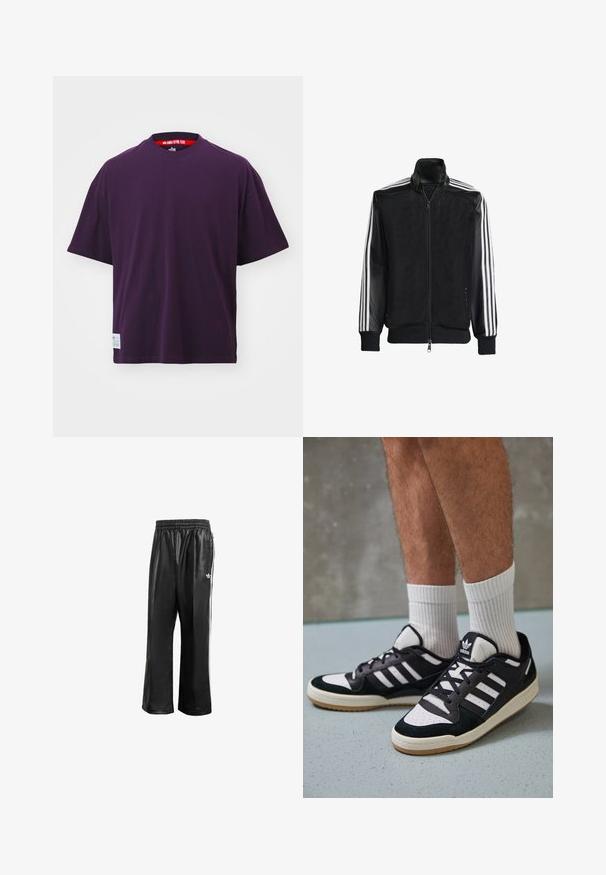 Sort meshjakke med lynlås foran, med ensfarvede sorte ærmer og tre hvide striber langs armene. Ribbet manchetter og kant.; Lilla kortærmet t-shirt lavet af bomuld. Har en rund hals og et mærke nederst til venstre. Glat tekstur og løs pasform.; Sorte syntetiske træningsbukser med elastisk talje, prydet med hvide side-striber og et lille hvidt logo på venstre hofte.; Sorte og hvide sneakers med en overdel i ruskind og læder, der har tre hvide striber, en perforeret tå og en sål i gummigummi.