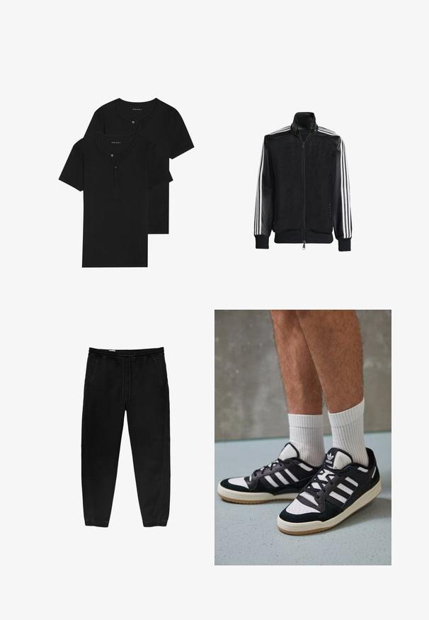 Czarna siateczkowa kurtka z zamkiem z przodu, z jednolitymi czarnymi rękawami i trzema białymi paskami wzdłuż ramion. Prążkowane mankiety i dół.; Czarne bawełniane koszulki z krótkim rękawem, okrągły dekolt z listwą guzikową, o gładkiej fakturze i prostym wzorze. W opakowaniu dwie sztuki.; Czarne spodnie z elastycznym paskiem i sznurkiem, zwężane nogawki, boczne kieszenie oraz subtelne detale szwów po bokach. Miękka bawełniana tkanina.; Czarno-białe sneakersy z zamszową i skórzaną cholewką, z trzema białymi paskami, perforowanym czubkiem i gumową podeszwą w kolorze gumy.
