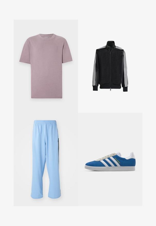 Jaqueta de malha preta com fecho zip, apresentando mangas pretas sólidas e três riscas brancas ao longo dos braços. Punhos e bainha canelados.; T-shirt de manga curta em mauve claro, feito de algodão macio. Decote crew clássico, costuras limpas e sem logótipos ou padrões visíveis.; Calças de desporto azul claro feitas de um tecido suave, com um cós elástico e riscas laterais contrastantes em preto.; adidas Originals ADIDAS GAZELLE SHOES - Botas de futebol de salão - real madrid/bluebird/footwear white/crew yellow