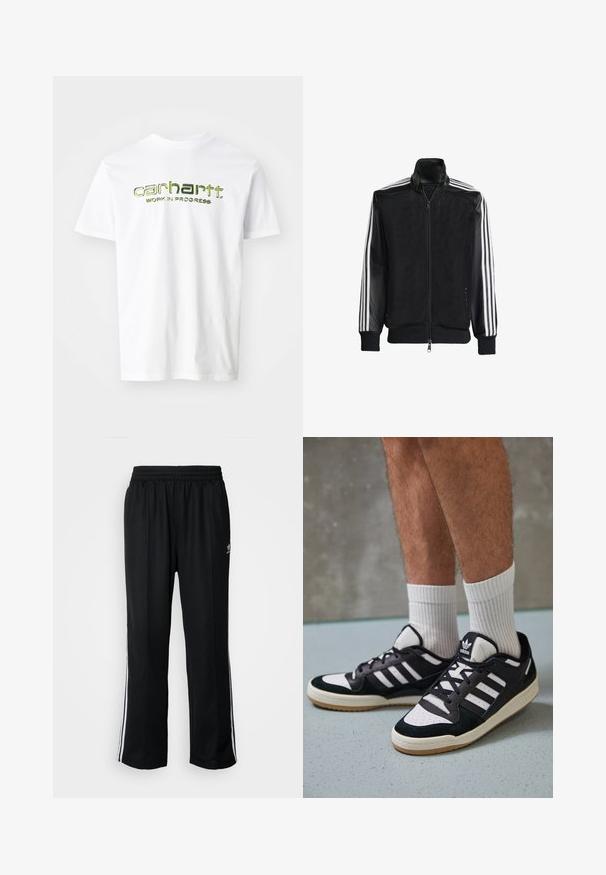 Schwarze Mesh-Jacke mit Reißverschluss vorne, die aus einem einfarbigen schwarzen Ärmeln und drei weißen Streifen an den Armen besteht. Gerippte Bündchen und Saum.; Weißes Baumwoll-T-Shirt mit grünem Aufdruck "carhartt. WORK IN PROGRESS" über der Brust. Kurze Ärmel und klassischer Rundhals-Ausschnitt.; Schwarze Sporthosen mit elastischem Bund, ausgestattet mit weißen Seitenstreifen und einem kleinen Logo. Das Material wirkt weich und leicht.; Schwarz-weiße Sneaker mit einem Obermaterial aus Wildleder und Leder, ausgestattet mit drei weißen Streifen, einer perforierten Zehenpartie und einer Sohle aus Gummi.