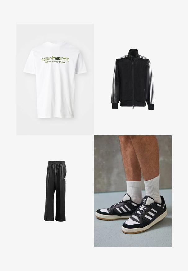 Sort meshjakke med lynlås foran, med ensfarvede sorte ærmer og tre hvide striber langs armene. Ribbet manchetter og kant.; Hvid bomulds t-shirt med grøn trykt tekst "carhartt. WORK IN PROGRESS" over brystet. Korte ærmer og klassisk rund halsudskæring.; Sorte syntetiske træningsbukser med elastisk talje, prydet med hvide side-striber og et lille hvidt logo på venstre hofte.; Sorte og hvide sneakers med en overdel i ruskind og læder, der har tre hvide striber, en perforeret tå og en sål i gummigummi.