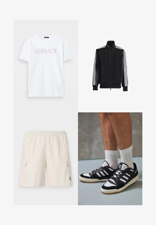 Juodas permatomas džemperis su užtrauktuku priekyje, turintis vientisas juodas rankoves ir tris baltas juostas ant rankų. Raukšlėtos rankogaliai ir apatinė dalis.; Balta medvilnė T-marškiniai su laisvu kirpimu ir apvalia iškirpte. Krūtinėje yra spausdintas žodis 'VERSACE' švelniu purpuriniu akvarelės stiliumi.; Bežo spalvos krovinių šortai su elastine juosta, dviem šoninėmis kišenėmis ir maža emblemė dešinėje apatinėje pusėje. Lygus, lengvas audinys.; Juodos ir baltos sportinės bateliai su zomšiniu ir odiniu viršumi, su trimis baltomis juostelėmis, perforuota koja ir guminėmis padais.
