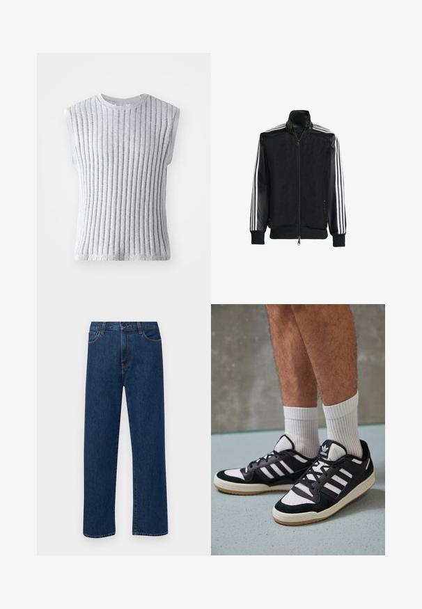 Veste en maille noire avec fermeture éclair à l'avant, présentant des manches noires unies et trois rayures blanches le long des bras. Poignets et ourlet côtelés.; Haut sans manches gris avec une texture côtelée verticale, en tissu tricot doux, encolure ronde et bords bruts à l'ourlet et aux emmanchures.; Jean en denim bleu foncé à jambes droites, avec poches avant et fermeture à bouton, présenté sur un fond blanc uni.; Baskets noir et blanc avec une tige en suède et cuir, comportant trois rayures blanches, un bout perforé et une semelle en caoutchouc gum.