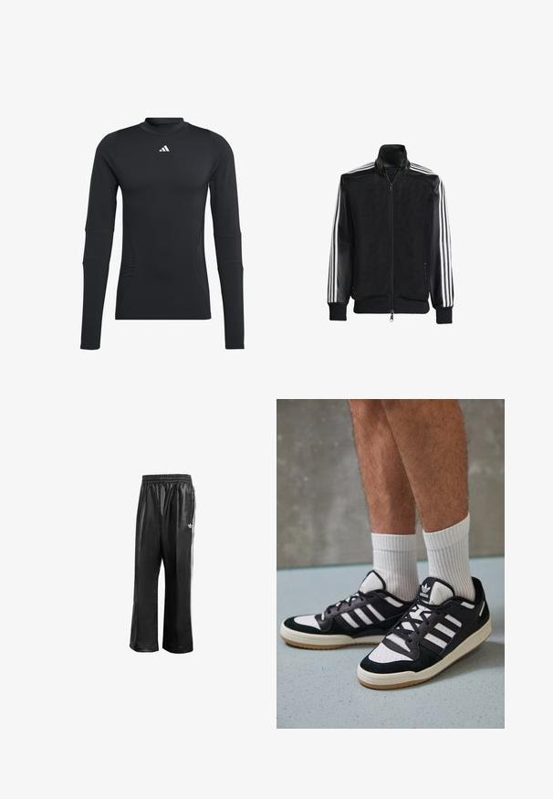 Zwarte maillotjas met een rits aan de voorkant, met stevige zwarte mouwen en drie witte strepen langs de armen. Geribbelde manchetten en zoom.; Zwarte lange mouwen sportshirt, gemaakt van gladde, rekbare stof. Heeft een ronde halslijn en een klein wit logo op de borst.; Zwarte synthetische trainingsbroek met een elastische tailleband, voorzien van witte zijstrepen en een klein wit logo op de linkse heup.; Zwart-witte sneakers met een bovenwerk van suede en leer, voorzien van drie witte strepen, een geperforeerde neus en een rubberen gumzool.