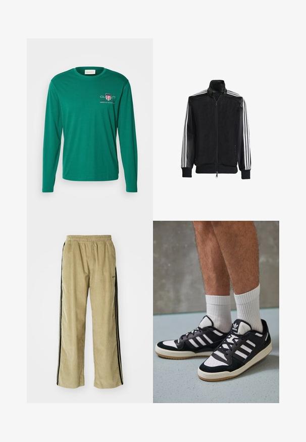 Zwarte maillotjas met een rits aan de voorkant, met stevige zwarte mouwen en drie witte strepen langs de armen. Geribbelde manchetten en zoom.; GANT MEDIUM ARCHIVE SHIELD - Longsleeve - deep forest green; Beige corduroy broek met een elastische tailleband, voorzien van zwarte zijstrepen. De stof heeft een ribbelstructuur, iets uitlopend aan de onderkant.; Zwart-witte sneakers met een bovenwerk van suede en leer, voorzien van drie witte strepen, een geperforeerde neus en een rubberen gumzool.