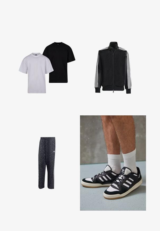 Musta verkkomantteli, jossa on vetoketjulla suljettava etuosa, mustat hihat ja kolme valkoista raitaa käsivarsilla. Ribbaatut hihansuut ja helma.; Setti puuvillapaitoja mustana ja valkoisena. Ominaisuuksina lyhyet hihat, pyöreä kaula-aukko ja rento malli. Tasainen rakenne ilman kuvioita.; Mustat urheiluhousut, joissa on leopardikuosiset yksityiskohdat, valkoiset kolme viivaa -design ja urheilumerkin logo sivussa.; Valkoiset ja mustat tennarit, joissa on mokkanahka- ja nahkapäällinen, kolme valkoista raitaa, rei'itetty kärki ja kumipohja.