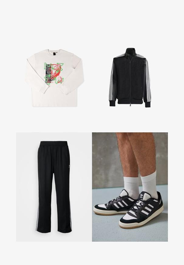 Melna režģa jakas ar rāvējslēdzēja priekšpusi, kam ir viendabīgas melnas piedurknes un trīs baltas svītras gar rokām. Ribota aproce un apakša.; Garās piedurknes balta T-kreklus ar grafisku apdruku ar sarkaniem un zaļiem akcentiem, abstrakts dizains un melna rakstota fona.; Melni sporta bikses ar elastīgu jostas vietu, kurām ir baltas sānu svītras un neliels logotips. Materiāls izskatās mīksts un viegls.; Melnas un baltas kedas ar zamša un ādas augšdaļu, kas aprīkotas ar trim baltām svītrām, perforētu purngali un gumijas zolēm.