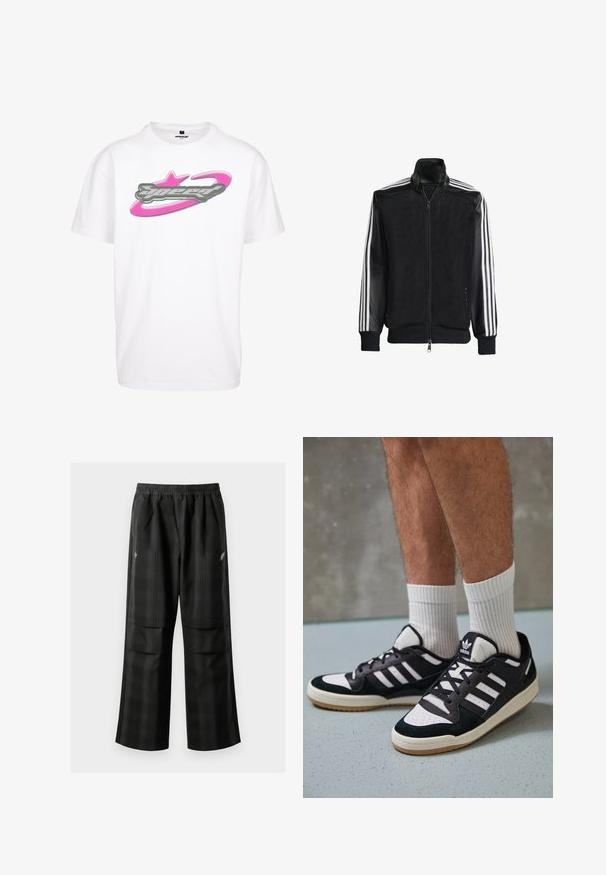 Zwarte maillotjas met een rits aan de voorkant, met stevige zwarte mouwen en drie witte strepen langs de armen. Geribbelde manchetten en zoom.; Witte katoenen T-shirt met een grote grijze en roze "speed" grafiek met een ster en baan ontwerp op de voorkant gedrukt.; Zwarte geruite broek met een elastische tailleband, twee voorzakken en een losse pasvorm met een rechte pijpdesign. Gemaakt van lichtgewicht materiaal.; Zwart-witte sneakers met een bovenwerk van suede en leer, voorzien van drie witte strepen, een geperforeerde neus en een rubberen gumzool.