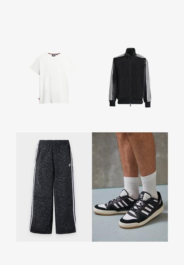 Chaqueta de malla negra con cierre de cremallera en la parte delantera, que presenta mangas negras sólidas y tres rayas blancas a lo largo de los brazos. Puños y dobladillo acanalados.; Camiseta blanca de algodón con cuello redondo, mangas cortas y un detalle de logo sutil en la parte delantera. Incluye una pequeña etiqueta roja en el costado.; adidas Originals GRAPHIC UNISEX - Pantalones deportivos - black; Zapatillas en blanco y negro con parte superior de ante y cuero, que presentan tres franjas blancas, una puntera perforada y una suela de goma.