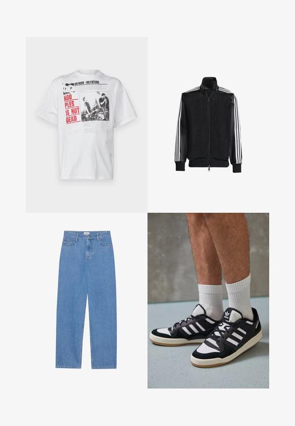 Jachetă din plasă neagră, cu fermoar față, având mâneci negre solide și trei dungi albe pe brațe. Manșete și tiv cu nervuri.; The Kooples Tricou cu imprimeu - ecru; Jeans din denim de culoare albastru deschis, cu croială dreaptă, design cu cinci buzunare, închidere cu un singur buton și detalii subtile de cusătură pe cusături.; Adidași negri și albi cu un superior din suede și piele, prevăzuți cu trei dungi albe, un vârf perforat și o talpă din cauciuc caramel.