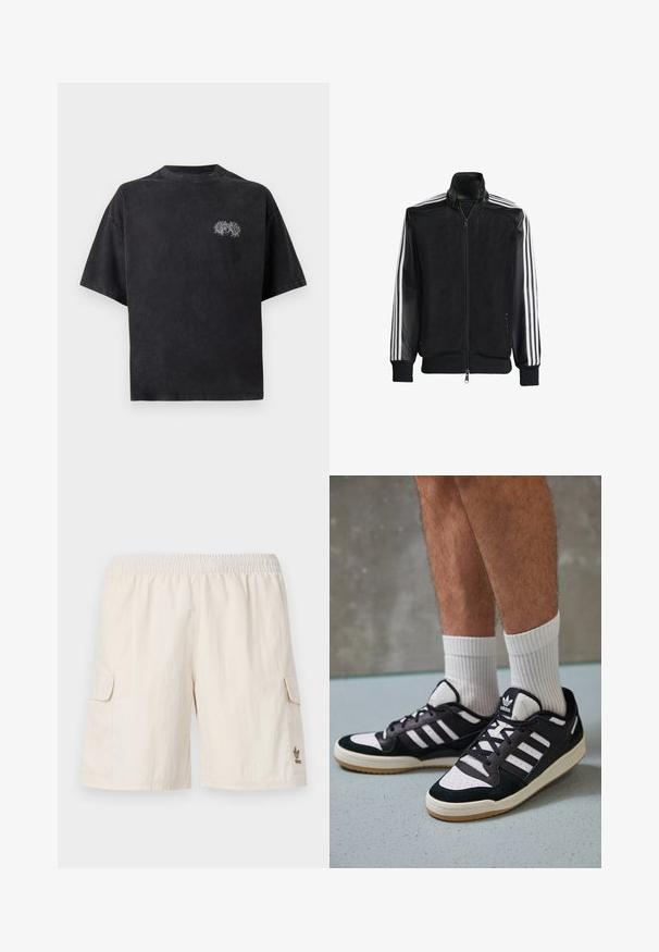 Melna režģa jakas ar rāvējslēdzēja priekšpusi, kam ir viendabīgas melnas piedurknes un trīs baltas svītras gar rokām. Ribota aproce un apakša.; Melna pārpasaules T-krekls, kas izgatavots no kokvilnas, ar apaļu kaklu. Iezīmēta ar balto izšūtā dizainu kreisajā krūtīs. Īsas piedurknes.; Beige kravas šorti ar elastīgu jostu, divām sānu kabatām un nelielu logotipu apakšējā labajā stūrī. Gluda, viegla auduma.; Melnas un baltas kedas ar zamša un ādas augšdaļu, kas aprīkotas ar trim baltām svītrām, perforētu purngali un gumijas zolēm.