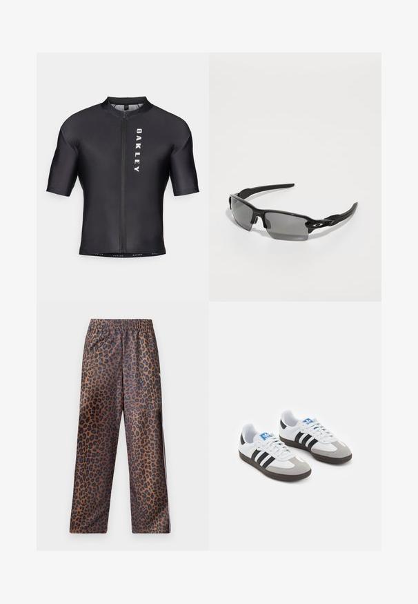 Juodas permatomas džemperis su užtrauktuku priekyje, turintis vientisas juodas rankoves ir tris baltas juostas ant rankų. Raukšlėtos rankogaliai ir apatinė dalis.; Juosmens ilgis dviračių marškinėliai trumpomis rankovėmis, pagaminti iš juodos, lygaus audinio. Yra priekinis užtrauktukas ir ant kairiojo šono balta spalva spausdinama "OAKLEY".; Leopardų rašto kelnės su elastingu juosmeniu. Pagamintos iš blizgaus audinio, turinčio rudą pagrindą su juodais taškais ir laisvo kirpimo dizainu.; Sportiniai batai su balta odine viršutine dalimi, pilku zomšiniu priekiu ir trimis juodomis juostelėmis. Ant liežuvio yra mėlynas logotipas, o padas pagamintas iš tekstūruoto gumos.; Juodi sportiniai saulės akiniai su pilkais objektyvais, lenkta rėmo konstrukcija ir logotipu ant šono. Pagaminti iš lengvos plastikinės medžiagos.