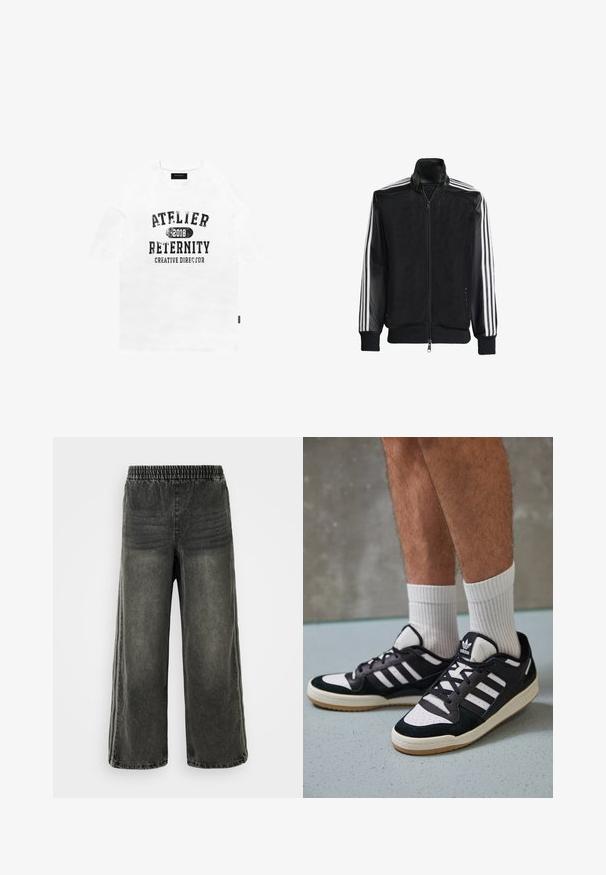 Must mustriga jope, millel on lukuga eesosa, ning mustad varrukad ja kolm valget triipu varrukate ääres. Ribaelastne mansett ja allääre.; Valge puuvillane t-särk lühikeste varrukatega, millel on mustad kulunud tähed: "ATELIER 2018 RETERNITY LOOVJUHT." Lihtne, mugav lõige.; Mustmust värvi denim püksid elastse vöökoha ja laiade jalgadega, millel on külgedel peened vertikaalsed õmblusdetailid.; Mustvalged ja valged spordijalatsid, mille pealmine osa on valmistatud suede'ist ja nahast. Kingadel on kolm valget riba, auguline varvas ja kummist tald.