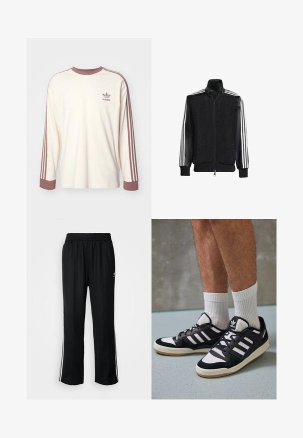 Μαύρο τζάκετ από δίχτυ με φερμουάρ μπροστά, με συμπαγή μαύρα μανίκια και τρεις λευκές ρίγες κατά μήκος των χεριών. Ριμπέ μανσέτες και στρίφωμα.; Ανοιχτό κρέμα πουκάμισο με μακριά μανίκια και ραγκλάν μανίκια, σκούρους καφέ μανίκια και τρεις σκούρους καφέ ρίγες σε κάθε πλευρά. Διαθέτει κεντητό λογότυπο στο στήθος.; Μαύρο αθλητικό παντελόνι με ελαστική μέση, διαθέτει λευκές ρίγες στο πλάι και ένα μικρό λογότυπο. Το υλικό φαίνεται μαλακό και ελαφρύ.; Μαύρα και λευκά αθλητικά παπούτσια με άνω μέρος από σουέτ και δέρμα, featuring τρεις λευκές ρίγες, περατά δάχτυλα και σόλα από καουτσούκ τύπου γκαστ.