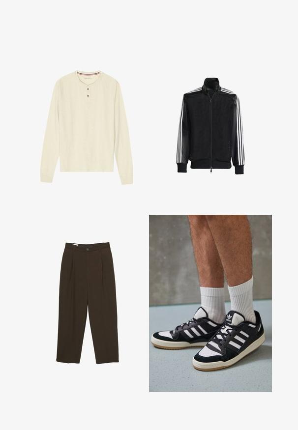 Fekete hálós dzseki, elöl cipzárral, amelynek egyszínű fekete ujjai és három fehér csíkja van a karokon. Rugalmas mandzsetták és derék.; Hosszúujjú henley póló világoskrémszínű könnyű anyagból. Három gombos nyakrésszel és piros-kék csíkozott nyakpánttal rendelkezik. Raglán ujjak.; Sötétbarna, szabott nadrág elülső redőkkel, övhurkokkal és gombos záródással a deréknál.; Fekete-fehér tornacipők velúr és bőr felsőrésszel, három fehér csíkkal, perforált orral és gumi talppal.