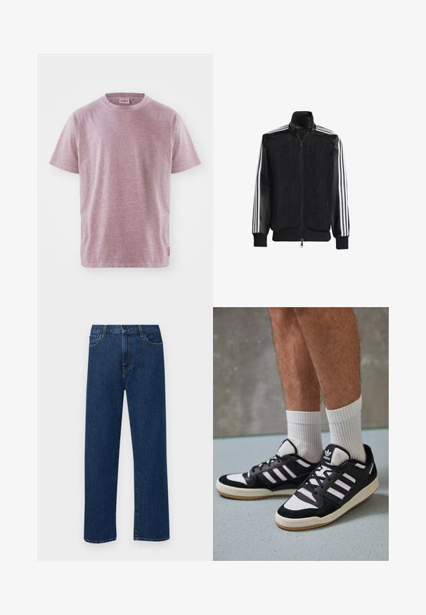 Jaqueta de malha preta com fecho zip, apresentando mangas pretas sólidas e três riscas brancas ao longo dos braços. Punhos e bainha canelados.; Camiseta de manga curta em tecido rosa claro mesclado, com decote redondo, apresentando um pequeno patch de logo na bainha. Textura suave.; Jeans de denim azul escuro, de perna reta, com bolsos frontais e fecho de botão, exibidos sobre um fundo branco liso.; Ténis em preto e branco com upper em camurça e couro, apresentando três riscas brancas, um toe perfurado e uma sola em borracha de goma.