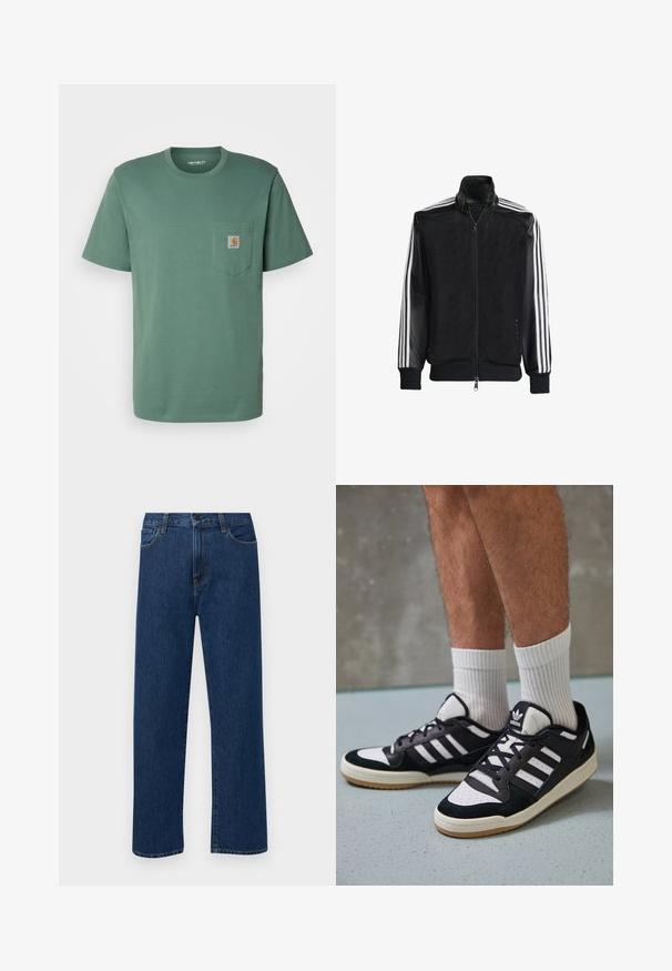 Černá síťovaná bunda na zip, s celými černými rukávy a třemi bílými pruhy podél rukávů. Hladké manžety a lem.; Carhartt WIP POCKET - Jednoduché tričko - duck green; Tmavě modré džíny s rovnými nohavicemi, předními kapsami a zapínáním na knoflík, vystavené na jednoduchém bílém pozadí.; Černobílé tenisky s vrchní částí z semišové a kožené kůže, včetně tří bílých pruhů, perforovaného špičky a podrážky z gumy.