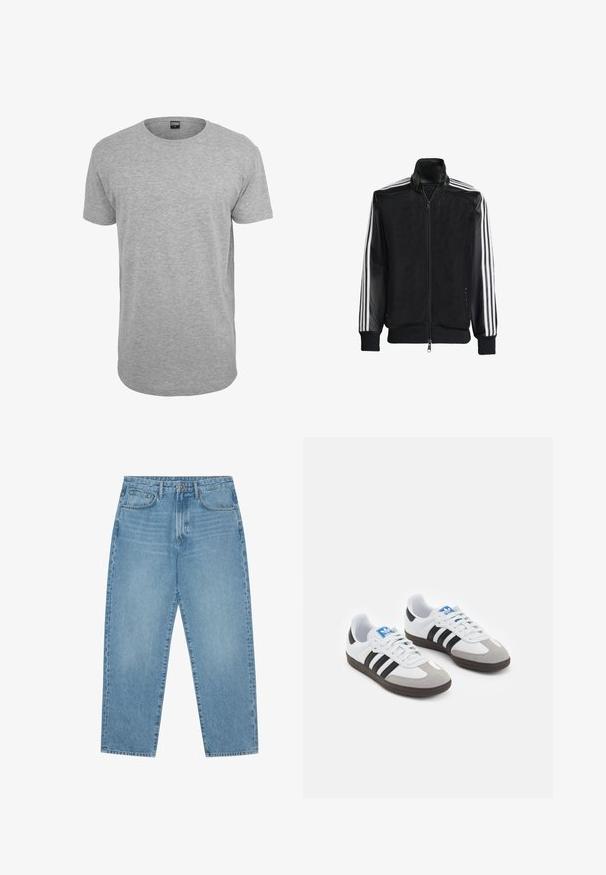 Schwarze Mesh-Jacke mit Reißverschluss vorne, die aus einem einfarbigen schwarzen Ärmeln und drei weißen Streifen an den Armen besteht. Gerippte Bündchen und Saum.; Graues Baumwoll-T-Shirt mit Rundhalsausschnitt, kurzen Ärmeln, geradem Saum und einer weichen Textur; minimales Branding ist am Ausschnitt sichtbar.; Hellblaue Jeans im weit geschnittenen Stil mit hoher Taille, ausgestattet mit fünf Taschen, Gürtelschlaufen und einer weichen, leicht verblassten Textur.; Sportschuhe mit einem Obermaterial aus weißem Leder, grauer Wildleder-Zehenkappe und drei schwarzen Streifen. Sie verfügen über ein blaues Logo auf der Zunge und eine strukturierte Gummisohle.