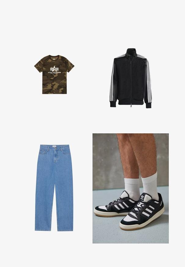 Jaqueta de malha preta com fecho zip, apresentando mangas pretas sólidas e três riscas brancas ao longo dos braços. Punhos e bainha canelados.; T-shirt com padrão camuflado em tons de verde e castanho, apresentando um logótipo branco "ALPHA INDUSTRIES". Feita de tecido macio, com mangas curtas.; Jeans de denim azul claro com corte reto, design de cinco bolsos, fecho com um único botão e detalhes de costura subtil nas costuras.; Ténis em preto e branco com upper em camurça e couro, apresentando três riscas brancas, um toe perfurado e uma sola em borracha de goma.