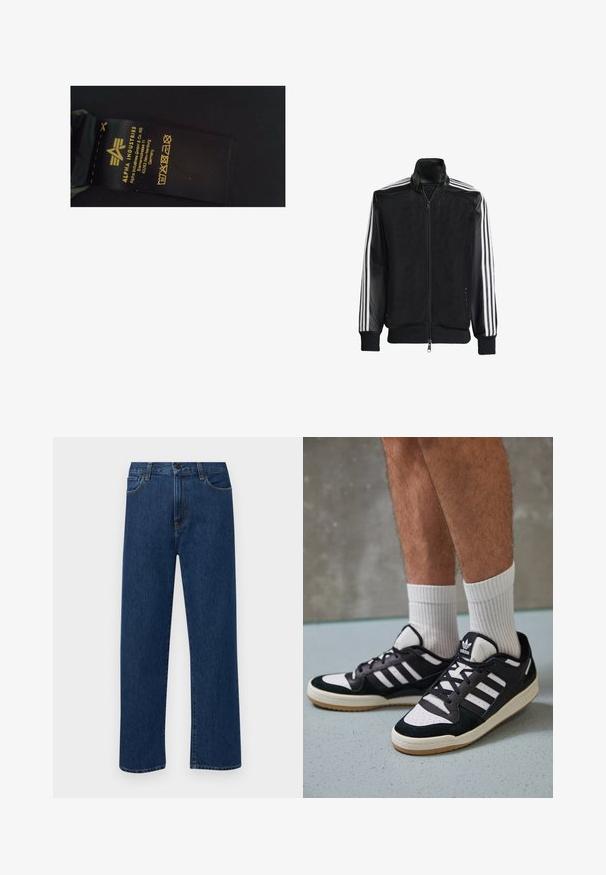 Sort meshjakke med lynlås foran, med ensfarvede sorte ærmer og tre hvide striber langs armene. Ribbet manchetter og kant.; Sort stofplejemærkat med gul tekst, der viser mærkenavnet "Alpha Industries", plejeinstruktioner og fremstillingsdetaljer.; Mørkeblå straight-leg denim jeans med forhåndslommer og knaplukning, vist på en ensfarvet hvid baggrund.; Sorte og hvide sneakers med en overdel i ruskind og læder, der har tre hvide striber, en perforeret tå og en sål i gummigummi.