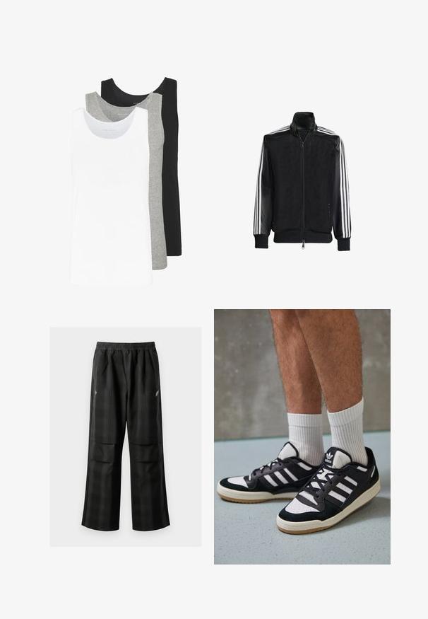Czarna siateczkowa kurtka z zamkiem z przodu, z jednolitymi czarnymi rękawami i trzema białymi paskami wzdłuż ramion. Prążkowane mankiety i dół.; Trzy topy na ramiączkach w kolorze białym, szarym i czarnym. Każdy z nich ma klasyczny bezrękawnikowy fason, wykonany z lekkiej bawełnianej tkaniny z prążkowaną teksturą.; Czarne spodnie w kratę z elastycznym pasem, dwoma przednimi kieszeniami i luźnym krojem ze prostymi nogawkami. Wykonane z lekkiego materiału.; Czarno-białe sneakersy z zamszową i skórzaną cholewką, z trzema białymi paskami, perforowanym czubkiem i gumową podeszwą w kolorze gumy.