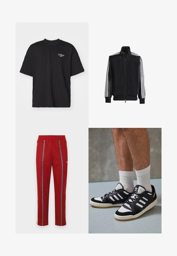 Veste en maille noire avec fermeture éclair à l'avant, présentant des manches noires unies et trois rayures blanches le long des bras. Poignets et ourlet côtelés.; T-shirt noir à manches courtes en coton. Doté d'un col rond et d'un petit logo blanc sur la poitrine gauche. Coupe standard.; Pantalons de sport rouges avec une taille élastique, présentant des œillets en métal argenté sur les côtés et des poches zippées. Tissu extensible.; Baskets noir et blanc avec une tige en suède et cuir, comportant trois rayures blanches, un bout perforé et une semelle en caoutchouc gum.