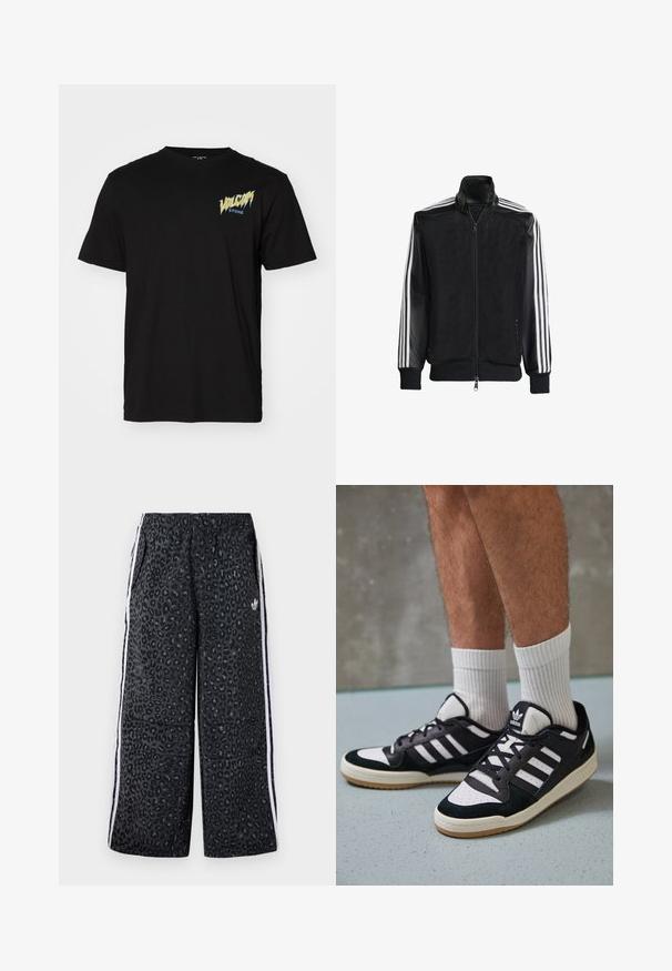 Fekete hálós dzseki, elöl cipzárral, amelynek egyszínű fekete ujjai és három fehér csíkja van a karokon. Rugalmas mandzsetták és derék.; Fekete pamut póló rövid ujjú, kerek nyakkivágással, bal mellen kék és sárga grafikai nyomattal.; adidas Originals GRAPHIC UNISEX - Tréningruha alsók - black; Fekete-fehér tornacipők velúr és bőr felsőrésszel, három fehér csíkkal, perforált orral és gumi talppal.