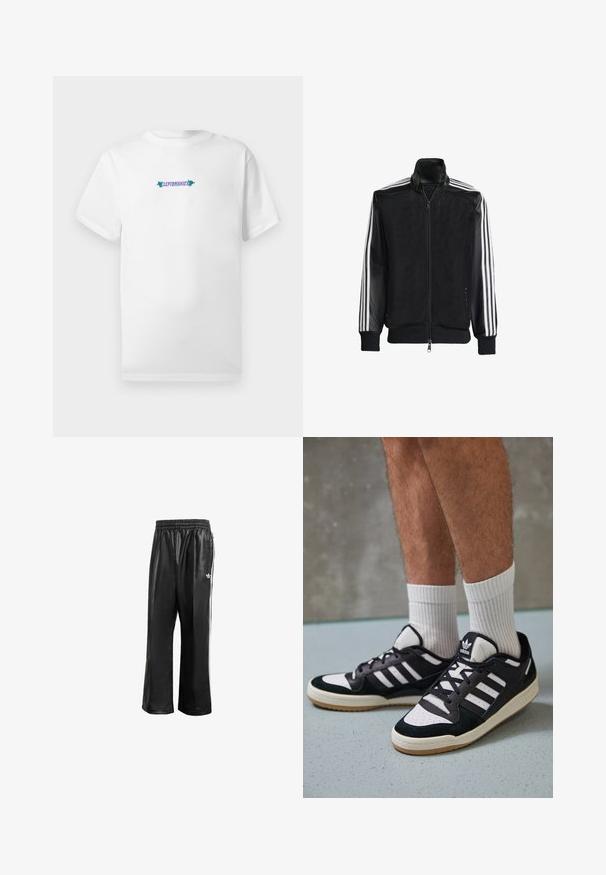 Melna režģa jakas ar rāvējslēdzēja priekšpusi, kam ir viendabīgas melnas piedurknes un trīs baltas svītras gar rokām. Ribota aproce un apakša.; Balta kokvilnas T-kreklu ar īsām piedurknēm, kuram krūšu centrā ir grafiskais teksts "CLEPTOMANICX" purpursarkanā un zaļā krāsā.; Melnas sintētiskas sporta bikses ar elastīgu jostasvietu, ar baltām sānu svītrām un mazu baltu logo kreisajā gurnā.; Melnas un baltas kedas ar zamša un ādas augšdaļu, kas aprīkotas ar trim baltām svītrām, perforētu purngali un gumijas zolēm.